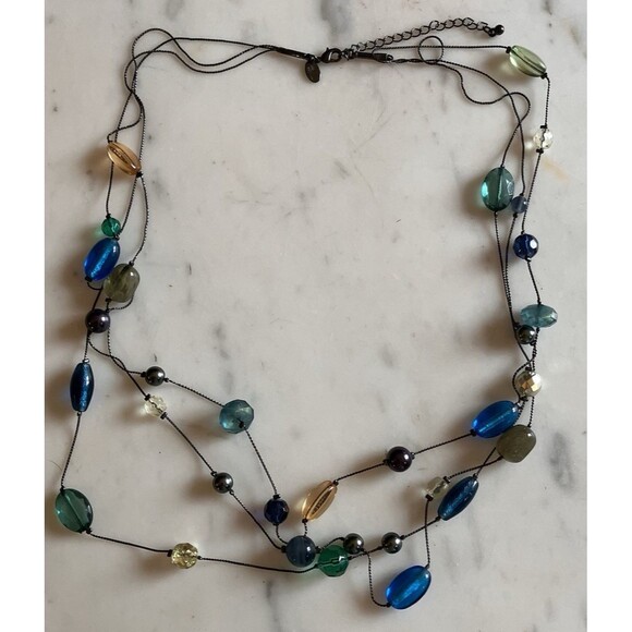 Lia Sophia 32” “Mural” Blue & Green Beaded Necklace With Dark Metal Chain - Picture 1 of 7